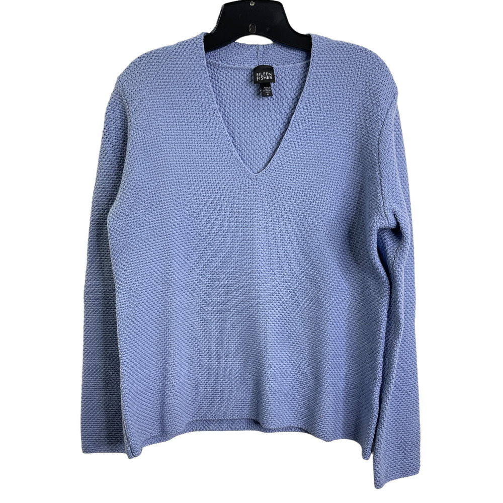 Eileen Fisher Womens Merino Wool V neck Sweater Blue Size Medium